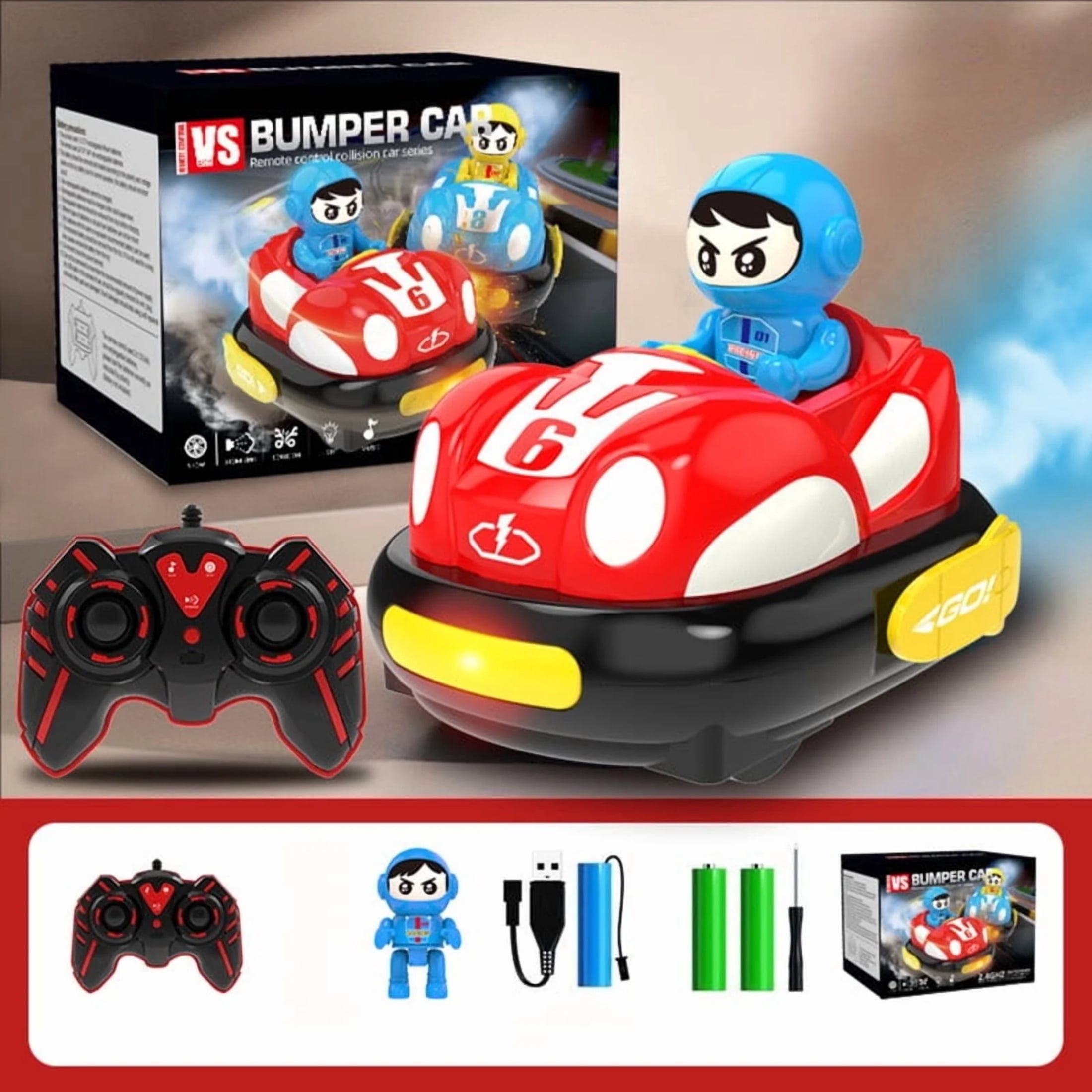 RC Bumper Car Funtogether Toys, 2-Player Set with Ejector Seats, Lights & Sounds, 2.4GHz Remote, USB Rechargeable, Red & Blue