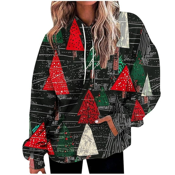 Oversized Hoodies for Women Plus Size Drawstring Christmas Graphic Print Loose Preppy Sweatshirt with Pocket
