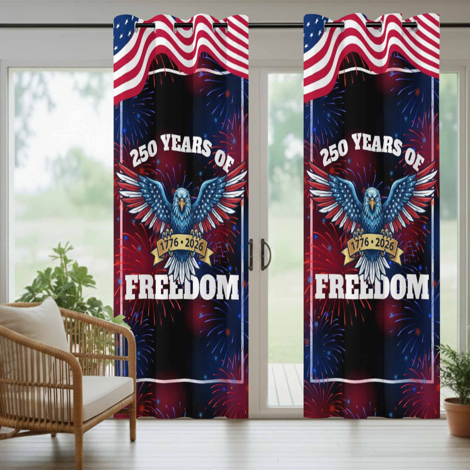 Independence Day Outdoor Curtains for Patio, 250 YEARS OF FREEDOM Cartoon Bald Eagle Sunshade Privacy Drapes Grommet Waterproof Outside Curtains for Porch/Cabana/Balcony 54"x 108", 1 Panel