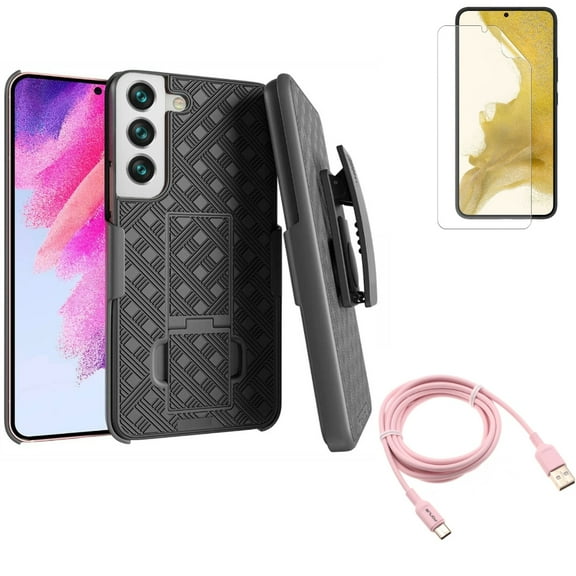 Case Belt Clip & 6ft USB-C Cable & Matte Screen Protector for Samsung Galaxy S22 (6.1") - Holster Swivel & Pink Charger Cord & TPU Film Anti-Glare Accessory Bundle