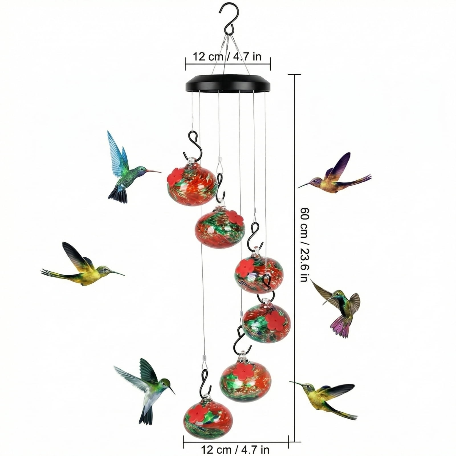 Handblown Glass Hummingbird Feeder Wind Chime with 6 Feeding Stations, Solar Powered Outdoor Hanging Bird Feeder for Garden Yard Decor, Vibrant Leak-Proof Hummingbird Habitat