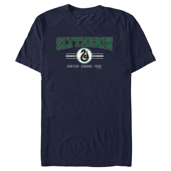 Men's Harry Potter Distressed Slytherin Traits Graphic Tee Navy Blue Large