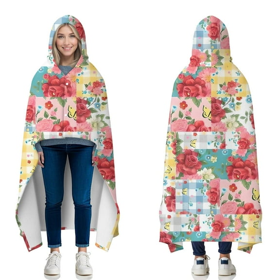 Wearable Blanket,Pioneer Flower Floral Print Pattern Hooded Wearable Flannel Blanket for Adults & Teens with Buckle,Winter Poncho Shawl Wrap Cape,50"x60"