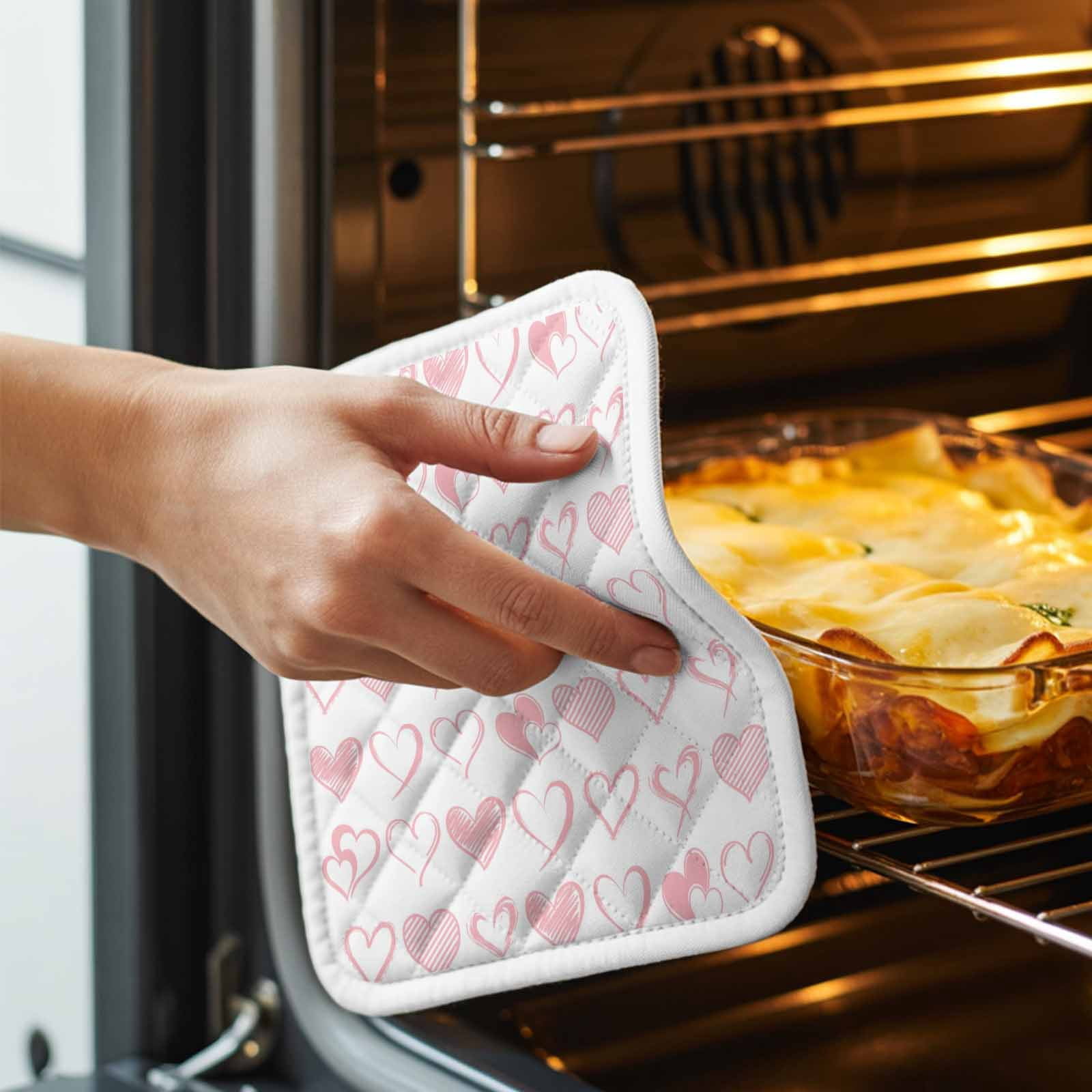 Valentine's Day Pot Holders for Kitchen Heatproof Potholder, 3 Pack Valentines Pink Love Heart Romantic Hot Pads Multipurpose Oven Pads Cloth Potholders Trivet for Cooking Baking
