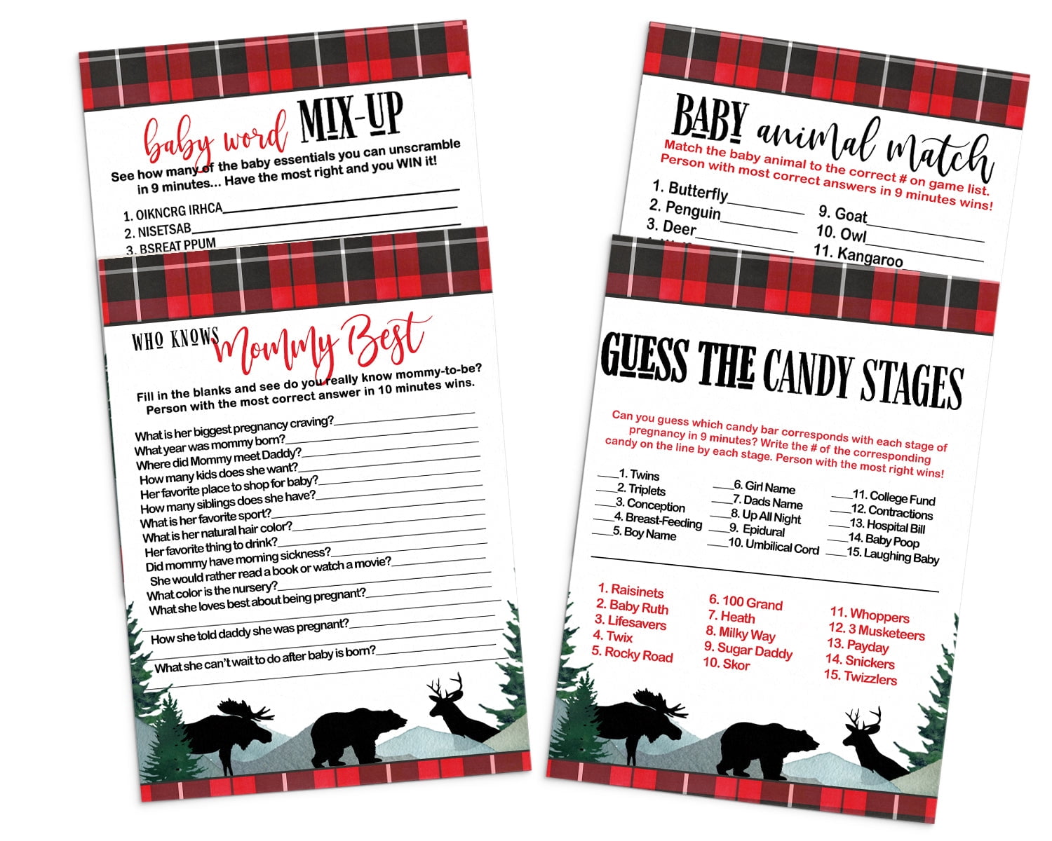 Lumberjack Baby Shower Game Card Bundle 4 in 1 Pack (25 Each) Includes Mommy Best - Word Scramble - Animal Matching - Candy Guessing - Red and Black Plaid Bear - Paper Clever Party