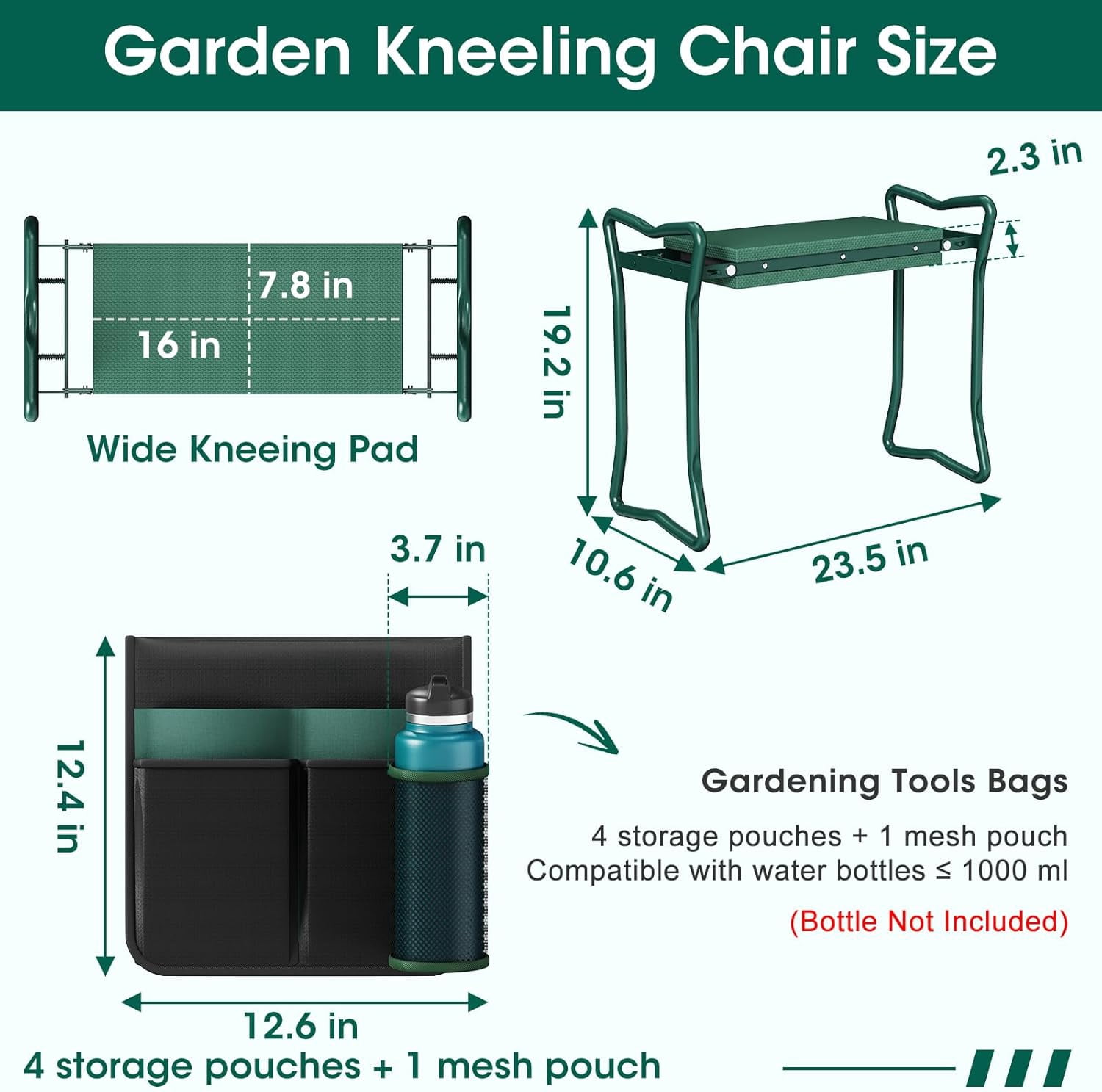 2-in-1 Garden Kneeler with Umbrella, Kneeling Bench & Black Umbrella, Portable Stool 330lb Capacity, Garden Tools Bag with Bottle Holder, Gardening Gift for Men Women Seniors