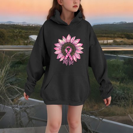 Thetops Big Girls Breast Cancer Awareness Hoodie 9-10T Black - Sunflower Pink Leopard Ribbon Oversized Support Sweatshirt