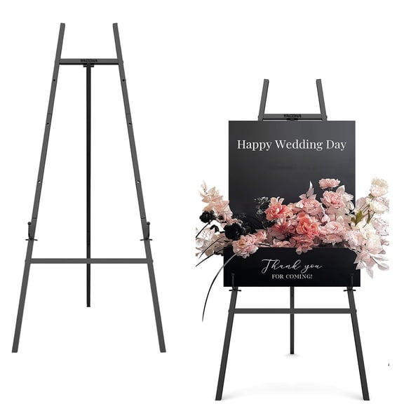 Heavy Duty Easel Stand for Sign, Adjustable Metal Poster Stand for Wedding, Painting & Art Display, Foldable Black Tripod Easel with 4-Level Height Adjustment