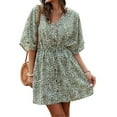 thumbnail image 3 of Femmes Robe V Cou Été Vêtements Floral Imprimé Robe de Taille Courte; Robe à Manches, Vert, XL, 3 of 8