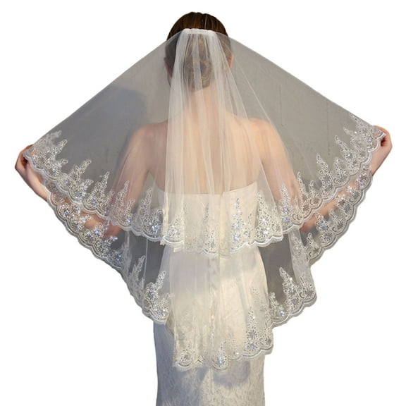 HUANLEDASH Women Double Layer Lace Bridal Veil with Anti-slip Comb Sequins Edge Tulle Veil Bride Hair Accessories