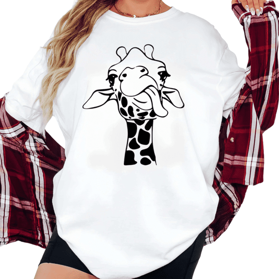 Women's Funny Tongue Out Giraffe Line Art Aesthetic Graphic Cotton T Shirt Short Sleeve Round Neck Top White S-5XL
