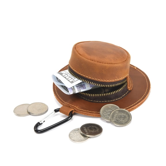 Mini Leather Coin Purse – Cowboy Hat Shape Retro Tiny Wallet with Zipper & Keychain, Portable Change Bag for Coins, Keys & Small Essentials(RL Brown 1 PC)