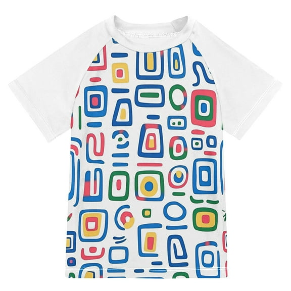 FORMRS Boys Rash Guard with Short Sleeves UPF 50 Swim Shirts Sizes 3-12T, Blue Retro Pattern