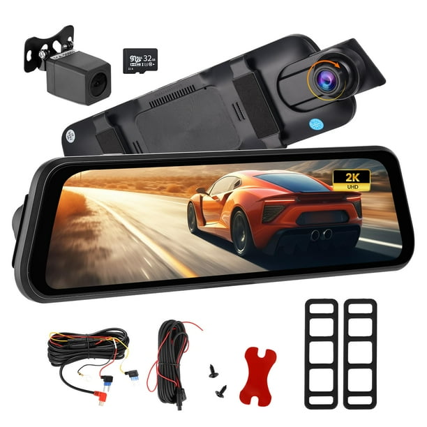 PHILIPS Retrovisor con Camara, Cámara Delantera y Trasera Coche 2k/1080P, DashCam con Espejo Pantalla Táctil 9.66", Función Visión Nocturna HD, Imagen Reversa, Free 32GB Card