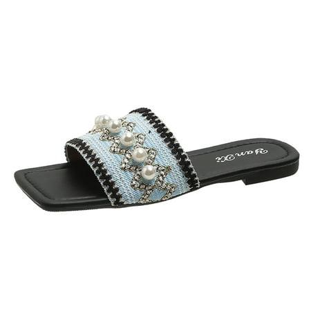 

Daznico Womens Sandals Ladies Summer Bohemian Style Pearl Decoration Square Head Flat Bottom Slippers ( Light Blue 8 )