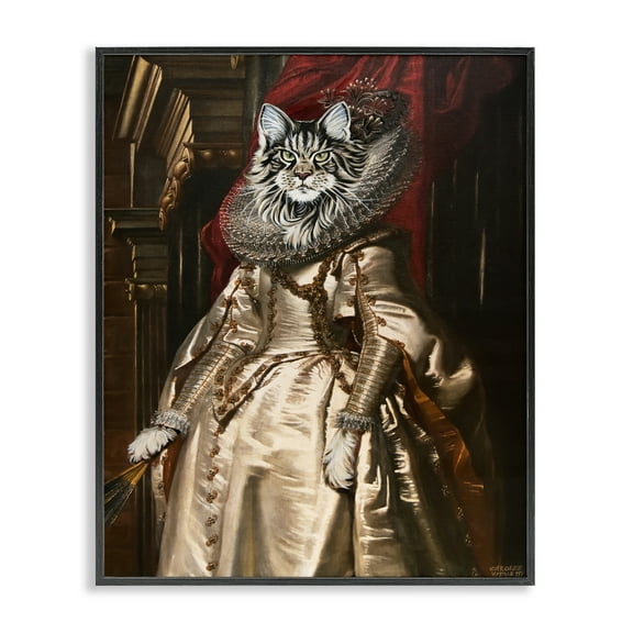 Stupell Industries Renaissance Cat Portrait History & Language Painting Black Framed Art Print Wall Art, 11 x 14