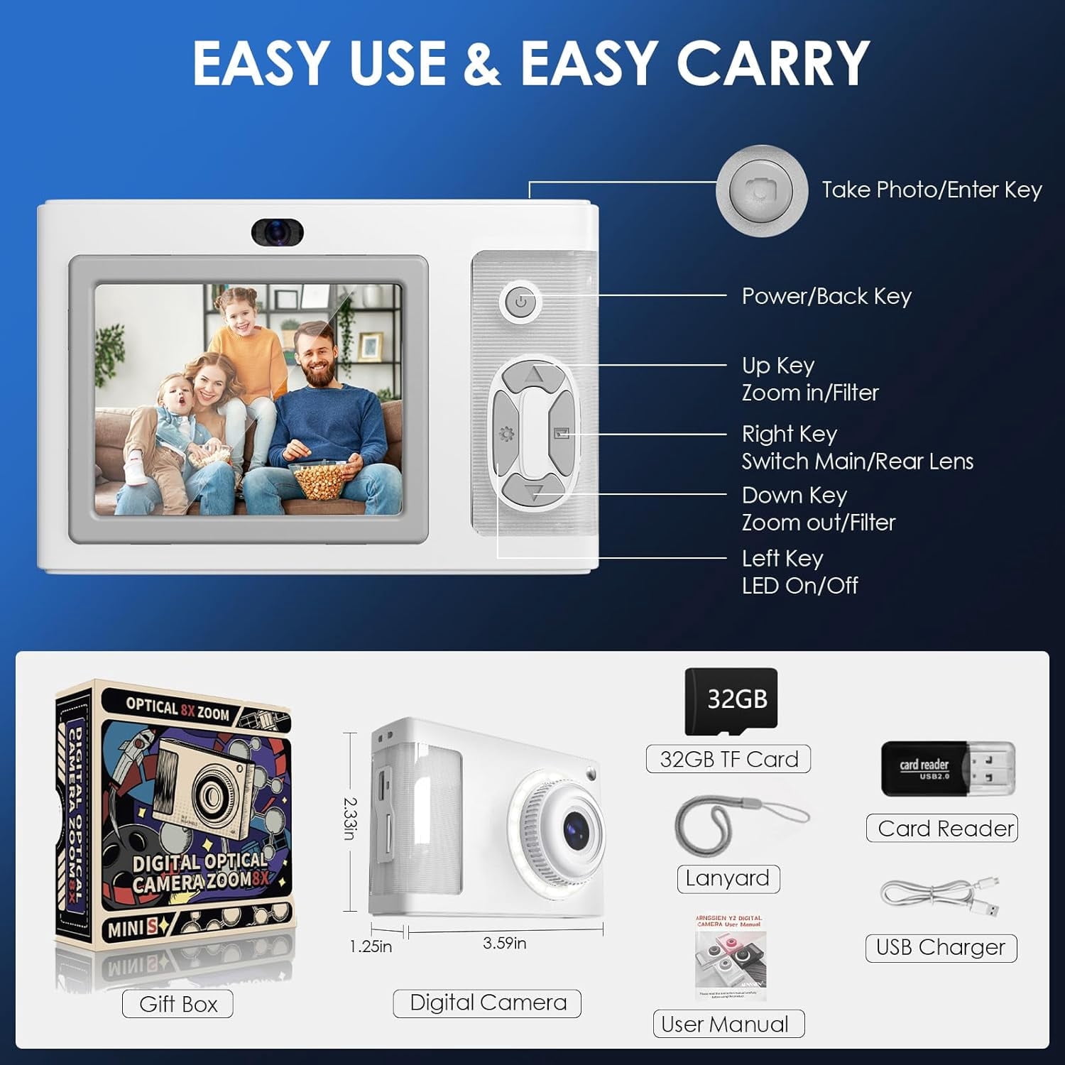Digital Camera Kids Camera FHD 1080P 50MP Vintage Camera with 8X Zoom Anti Shake Portable Digital Cameras for Kids Teens Seniors Gift with 32GB Card White