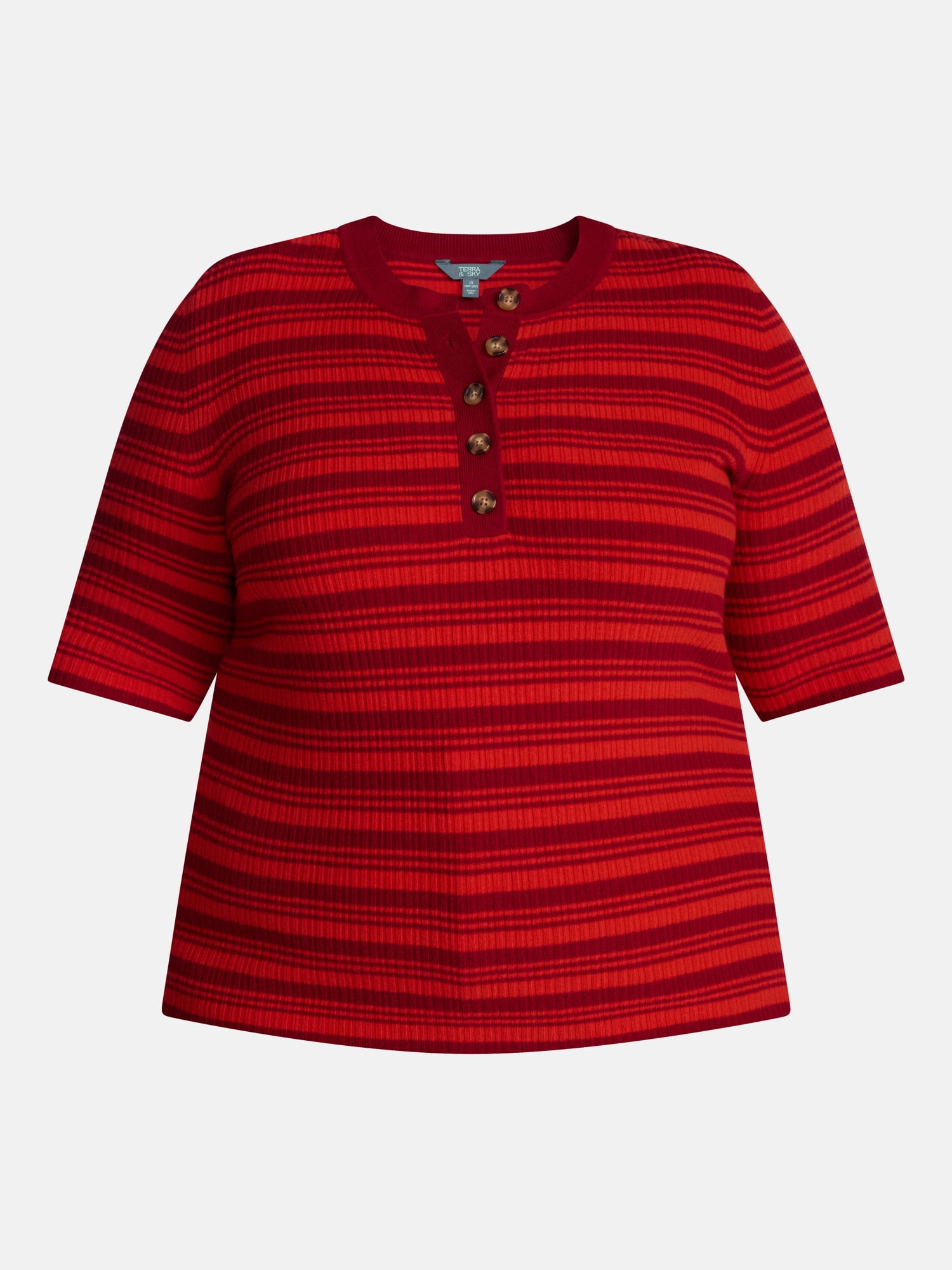 Terra & Sky Women's Plus Ribbed Henley Sweater Top with Elbow Length Sleeves, Sizes 0X-5X
