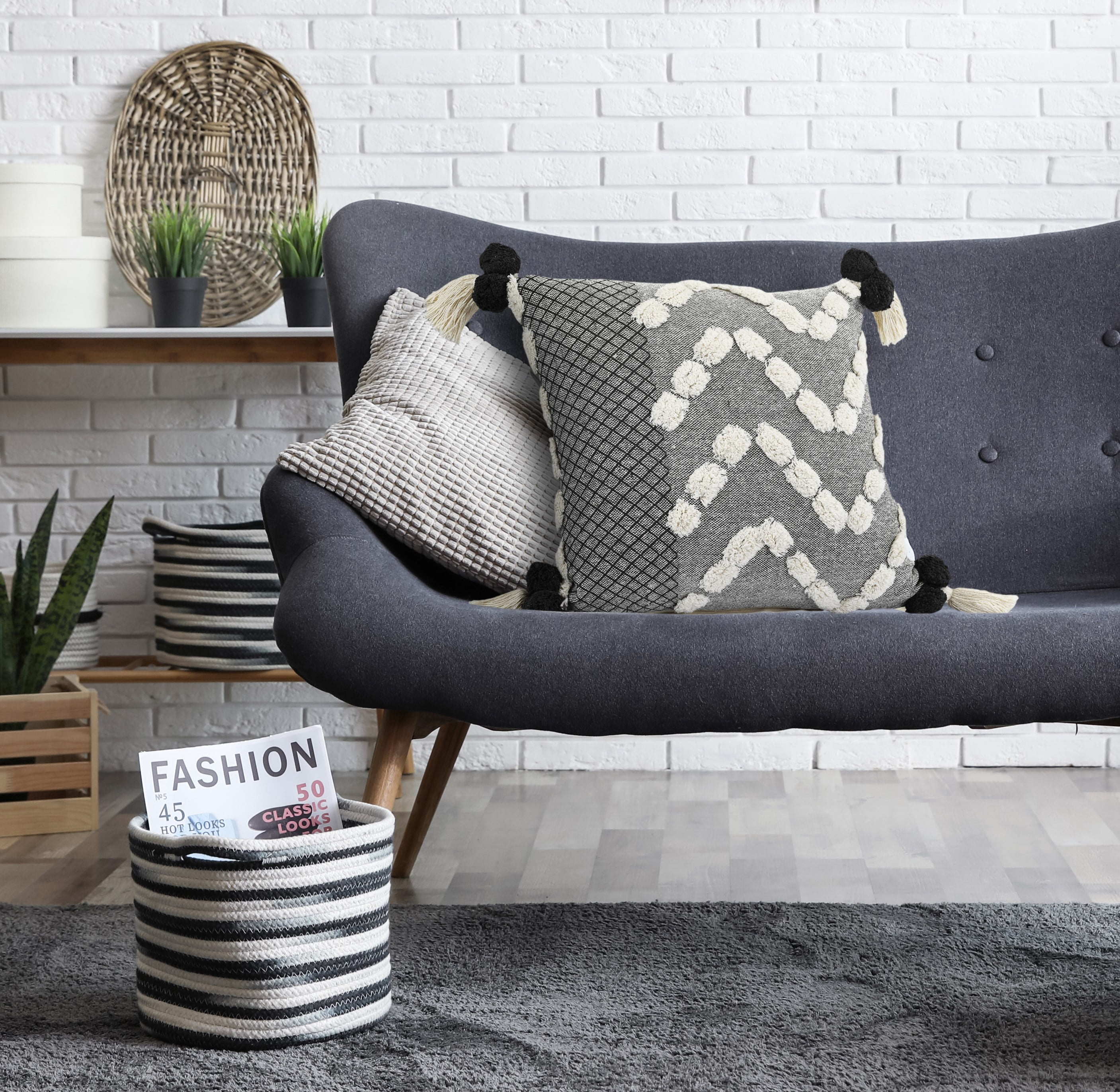 Harlow Hill Aaron 20" x 20" Geometric Cotton Adult Decorative Feather Filled Pillow, Black/Gray/Cream
