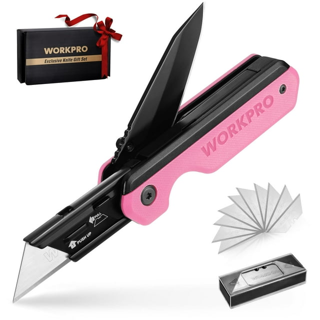 Cuchillo plegable/navaja multiusos WORKPRO 2 en 1 con 10 hojas, color rosa