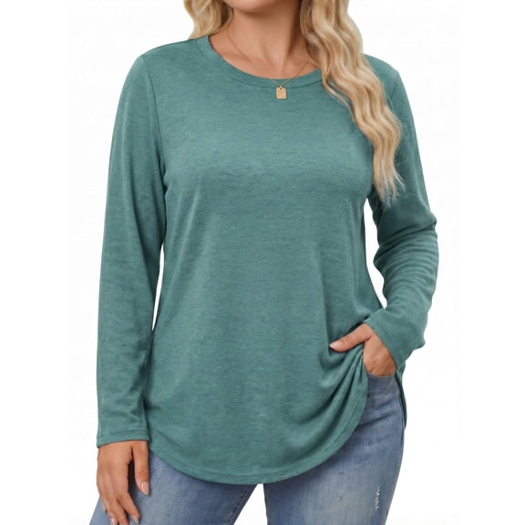 Weardear Womens Plus Size Tops Side Split Long Sleeve Shirts Crew Neck Basic Top