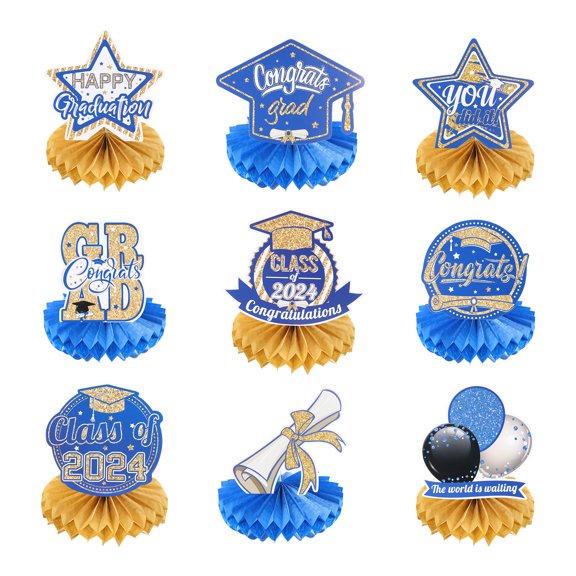 9 PCS Decoraciones para Fiesta de Graduación Clase de 2024, Adornos de Mesa en Forma de Panal para Decoraciones de Fiesta de Graduación, Azul y Dorado