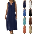 thumbnail image 1 of QIUOMBBP Robes Maxi d'Été pour Femmes Grande Taille Décontractées Robe de Plage Sans Manches Col en V à Boutons Robe Longue en Lin Café L, 1 of 1