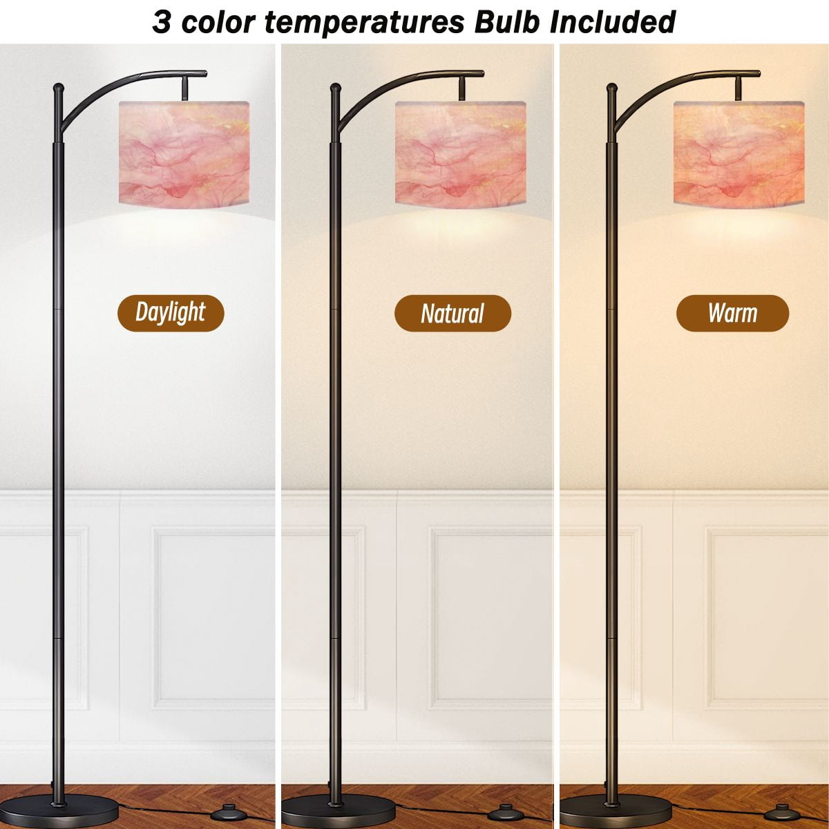 Arc Floor Lamps Rose pink liquid watercolor golden dots Dusty blush marble alcohol ink Modern LED Adjustable Lampshade Standing Light for Living Room Reading Bedroom Office