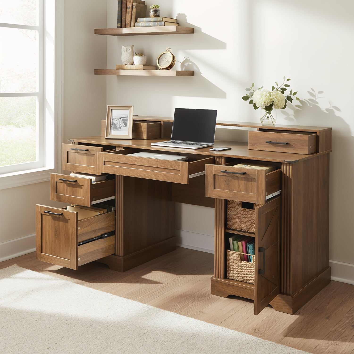 Youmumeub 59" Home Office Desk Dark Walnut with Built-In Charging Hub, Ergonomic Monitor Riser, File Drawer & Keyboard Tray, Barn Door Style Storage Cabinet – MDF Workstation