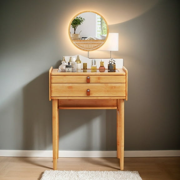 Kadyn Vanity Table Set, Makeup Dressing Table Modern Vanity Set, Bamboo Makeup Vanity Table with Mirror with 2 Storage Drawers-Natural
