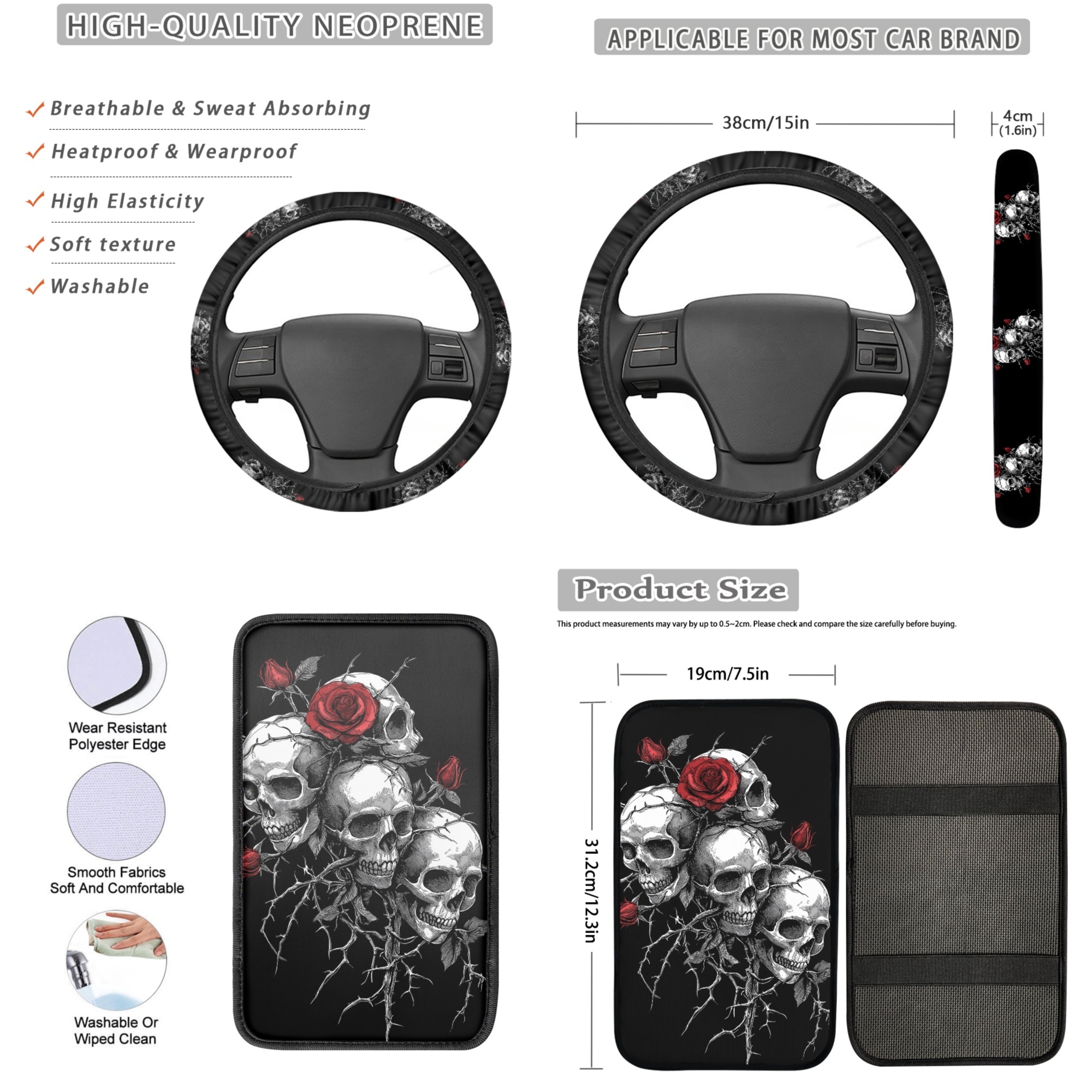 Jeiento Gothic Skull Auto Seat Cover Full Set 13 Pack Universal Car Accessories Set Rose Steering Wheel Cover Armrest Pad Seatbelt Pad Cup Mat Keychain Fit for Sedan SUV Van