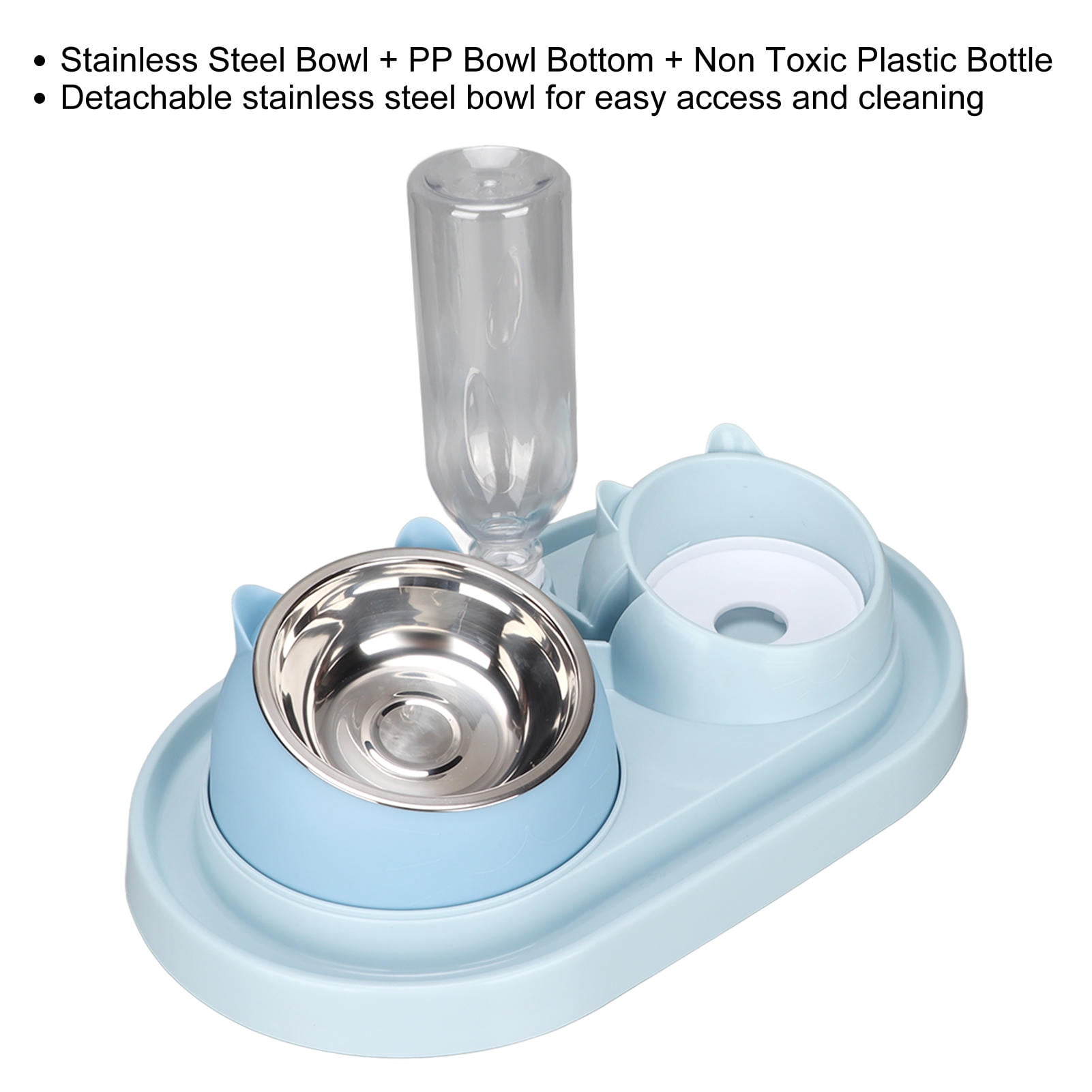 BIMZUC 3-in-1 Cat Food and Water Bowl Set, Automatic Water Dispenser, Tilted Stainless Steel Slow Feeder Bowl for Kittens, Puppies, Blue
