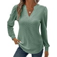 thumbnail image 3 of Hibeli Women V Neck Long Sleeve Curved Hem Solid Color Textured Tops, 3 of 6