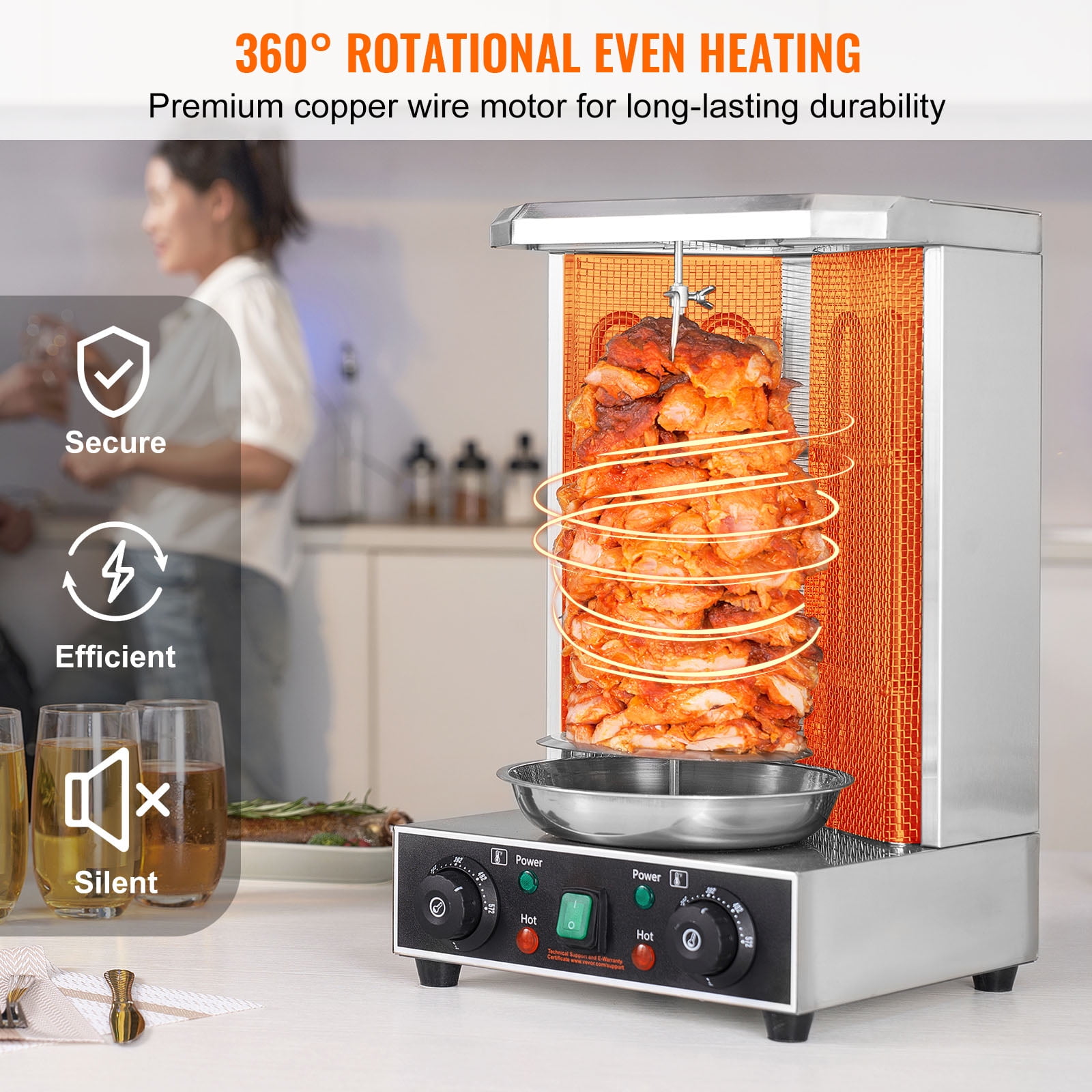 SKYSHALO Electric Vertical Chicken Grill Machine Countertop BBQ Rotisserie Stainless Steel Body with 2 Burners for Restaurant Dinner Home Kitchen