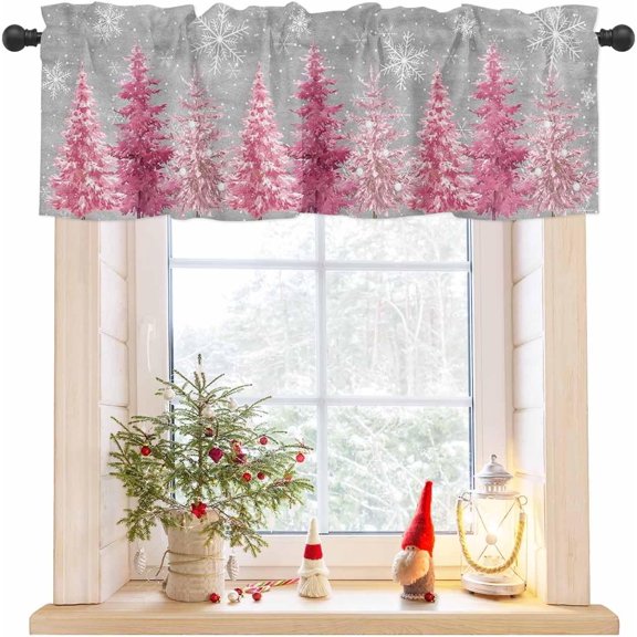 Window Curtain Pink Xmas Tree Snowflake Grey Christmas Rod Pocket Kitchen Living Room Bathroom Holiday Home Decoration 54x18inch