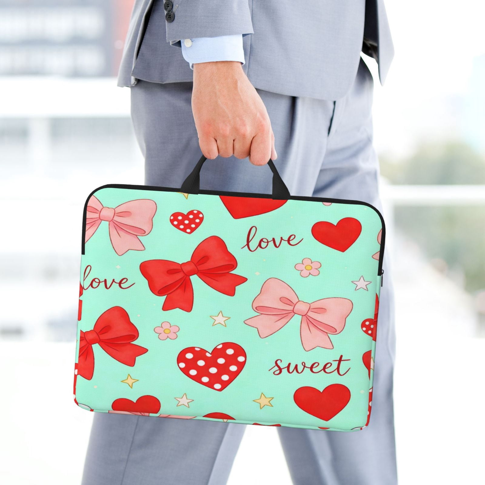 Laptop Sleeve Bag For Women Men 14inch Waterproof Durable Protective Computer Carrying Cover Handle Laptop Case Bag Sweet Love Bow Heart Green