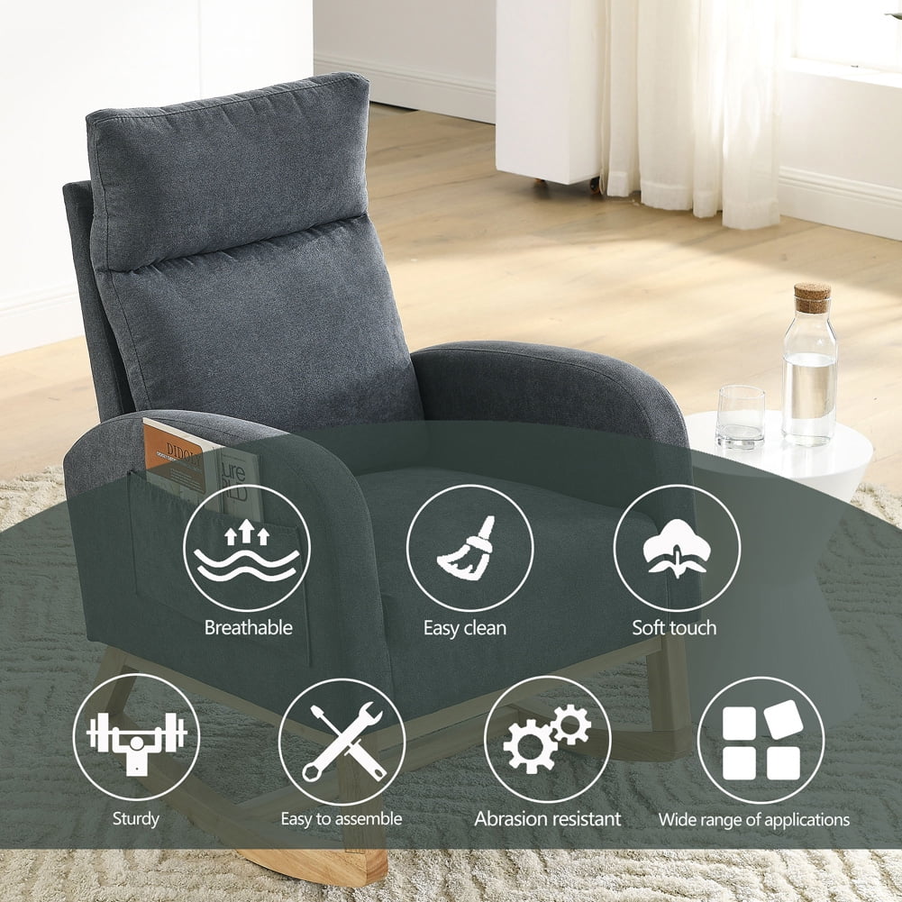 Rugerasy 27.6"W Accent Rocking Chair, Modern Upholstered Rocker Armchair For Nursery, Lounge Chair With 2 Side Pocket, High Backrest, Armrests For Living Room Bedroom