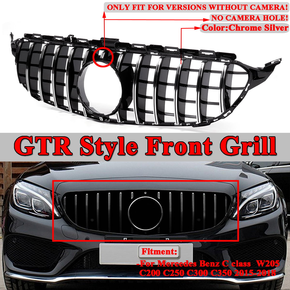 EBDH Bumper Grill W205 GT R for GTR for AMG Car Front Grille for Mercedes for Benz W205 for AMG Appearance C200 C250 C300 C350 2015-2018,Black