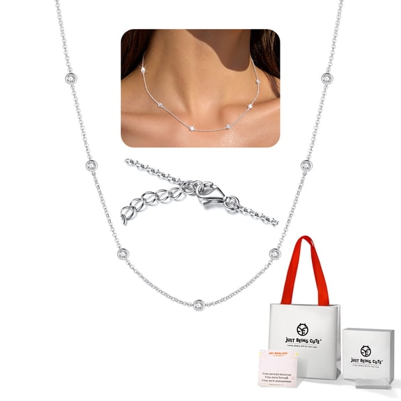 Just Being Cute Silver Chain Necklaces for Women 3mm White Cubic Zirconia Station Necklace Birthday Mothers Day Jewelry Gifts Mom Her Wife Lady Adults Ideas, 16'' 2'' Extender