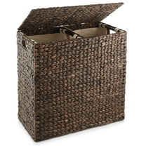 Casafield 2-Section Laundry Hamper with Lid and Removable Liner Bags - Espresso Dark Brown, Woven Water Hyacinth Laundry Basket for Clothes