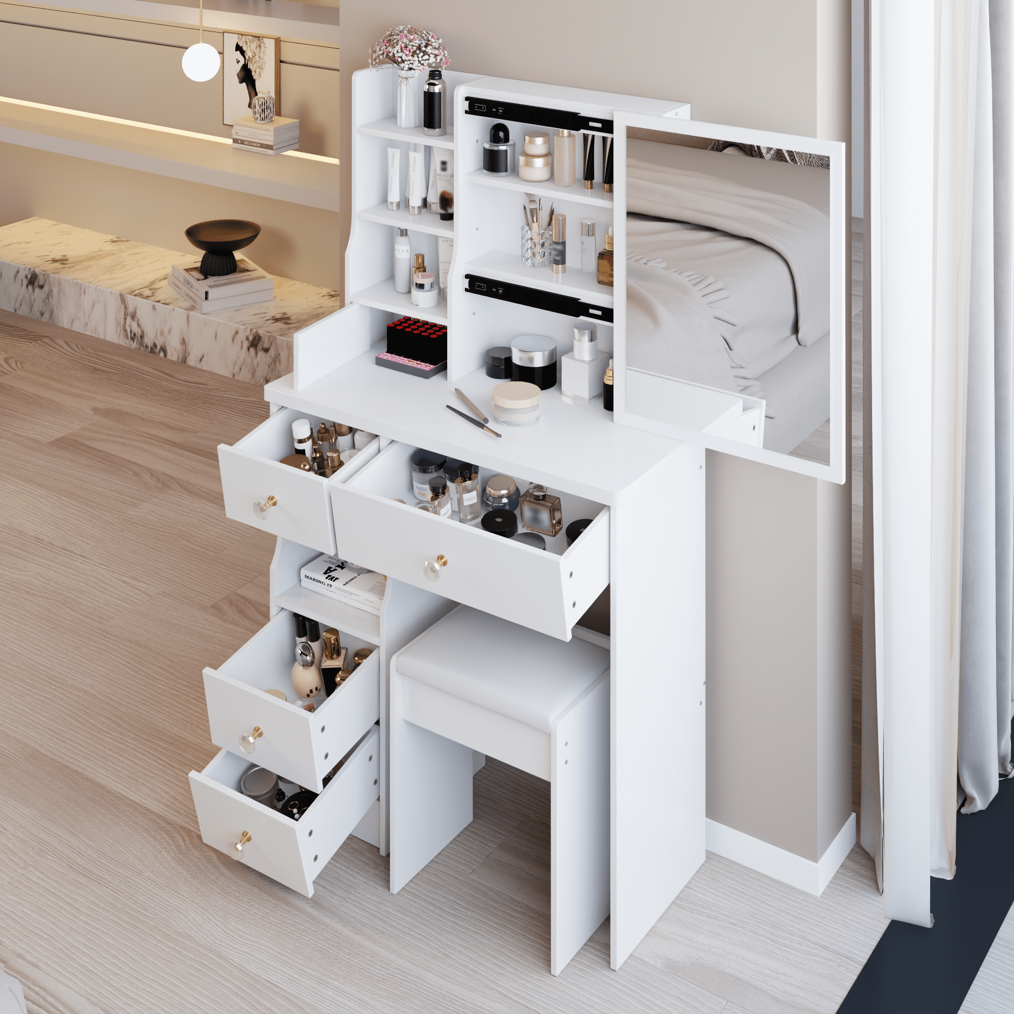 29.2" Small Space Left Drawer Desktop Vanity Table + Cushioned Stool, Extra Large Right sliding mirror, Multi Layer High Capacity Storage, Practical Fashionable Dresser
