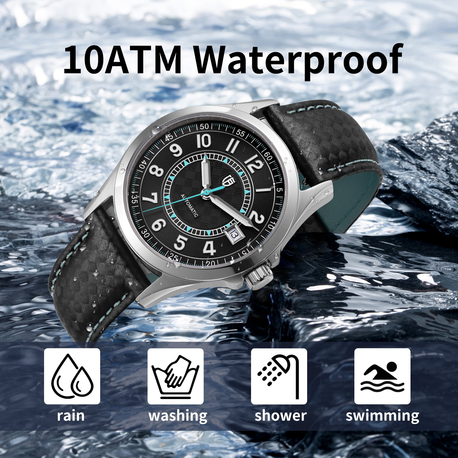 BERNY Men's Automatic Watch, Leather Strap Mechanical Watch with Date, Super Luminous, Sapphire Crystal, 10ATM Waterproof, Fashion Casual Wristwatch for Men (Blue)