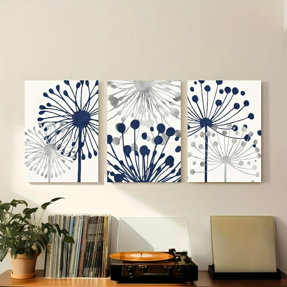 3pcs/Set Small Framed Canvas Painting, Navy Blue Grey Abstract Floral Modern Flower. Navy blue grey abstract floral modern flower, Thickened Home decor Wall Art, Bedroom and Living Room