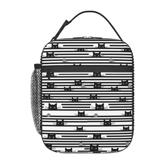 Cat Lunch Box Insulated Lunch Bag Reusable Lunchbox With Side Pocket,Black And White Striped Lunch Box,Waterproof Lunch Tote Bag For Women Men Work Office Picnic