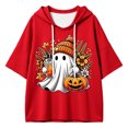 thumbnail image 5 of Women Red Short Sleeve Cute Ghost Pumpkin Graphic Hoodie with Drawstring Casual Halloween Party Pullover Top, 5 of 5
