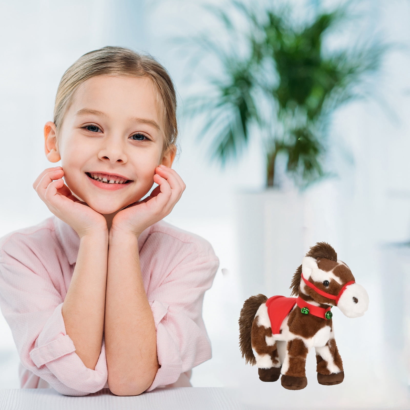 Spotted Electric Plush Horse, Interactive Soft Adorable Pony with Joyful Neighing Sound Cute Plushie Red Saddle Green Jingle Bell Walking Head Tail Stuffed Pet Christmas Birthday Gifts,1PC, 10 Inch