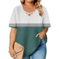 thumbnail image 6 of YanHoo Womens Summer Tops Criss Cross V Neck Short Sleeve Shirts Loose Casual Dressy Blouses Striped Color Block Printed Plus Size Tshirts Army Green,XXL, 6 of 7