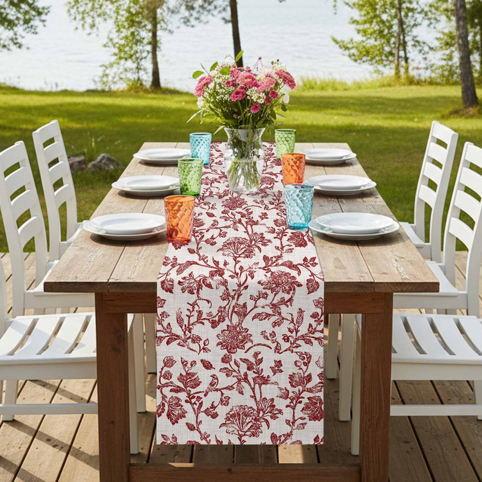 Farmhouse Red Table Runner 70 Inches Long,Vintage Flower Leaf Botanical Plant Cotton Linen Table Runners Dresser Scarves,Decorative Fabric Tabletop Scarf Furniture Cover for Home Dinner Party 13"x70"