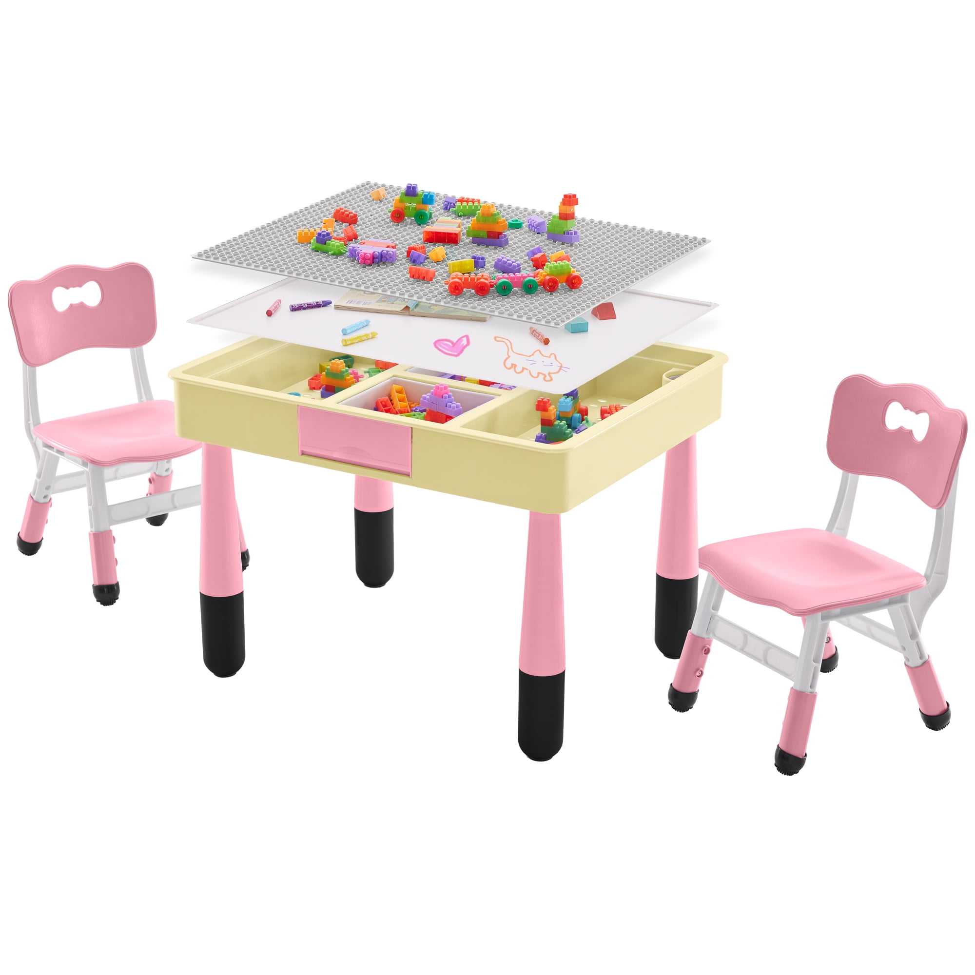 DOREROOM Kids 3-Piece Storage Activity Table and Chair Set, Pink