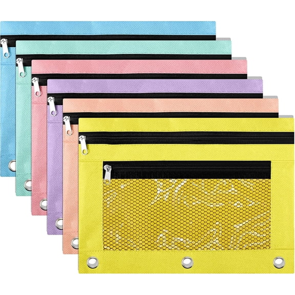 6 Pcs Pencil Pouch, 3 Ring Binder Pencil Pouch, 2 Layer Zipper Pencil Case with Mesh Window, Wear Resistant Oxford Fabric, Multicolored for Student Teacher Classroom Supplies
